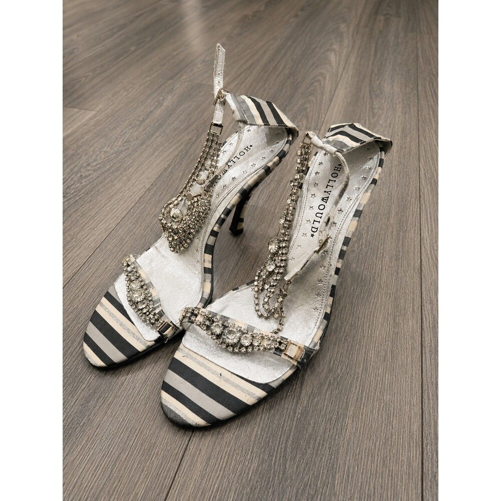 Hollywood Italy Rhinestone Striped Slingback Heels Women's Size 8B Dress Shoes